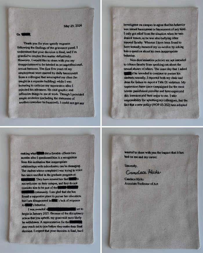 Artist embroiders fabric resembling notebook pages with text, showcasing intricate detail and creativity.