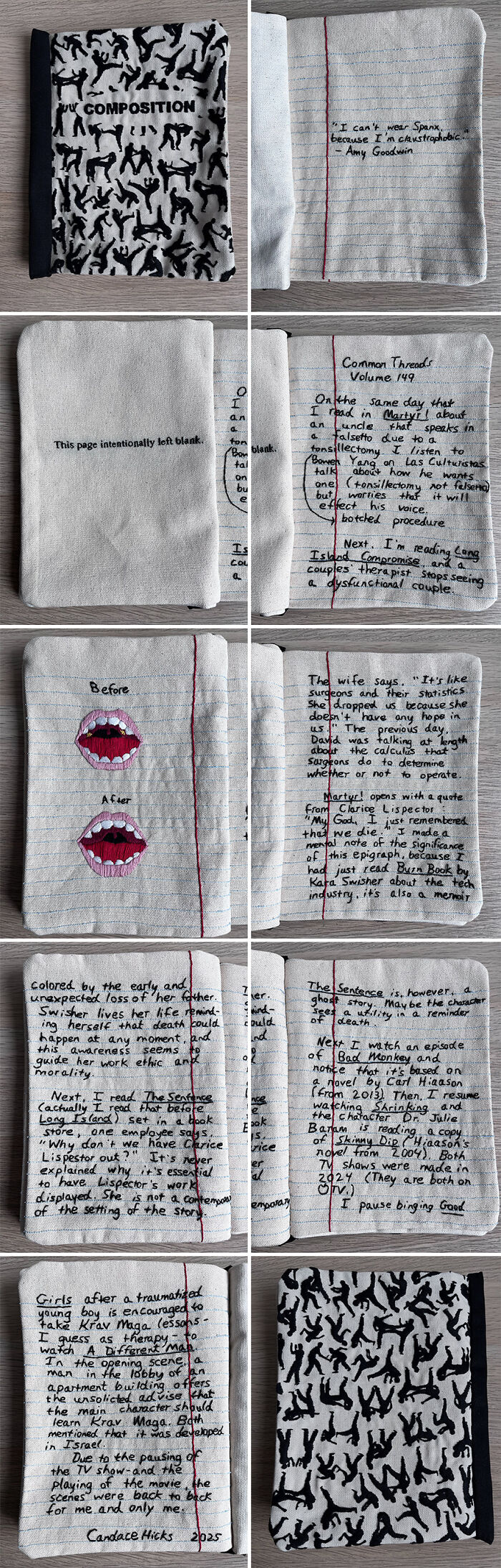 Fabric embroidered to resemble books and notebook pages, with detailed text and artistic designs.