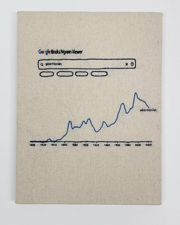 Embroidery art resembling a graph and search bar, mimicking a book page design.