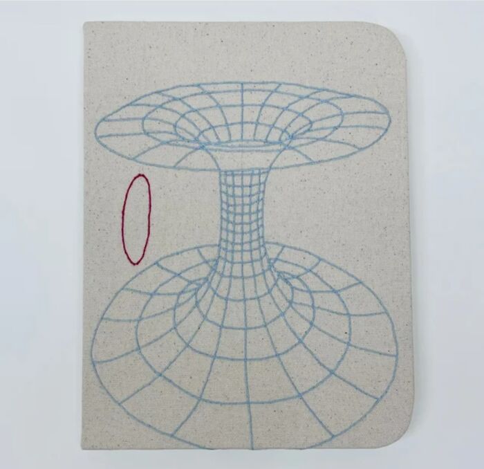 Embroidery resembling a notebook page with a blue geometric design and a red oval detail.