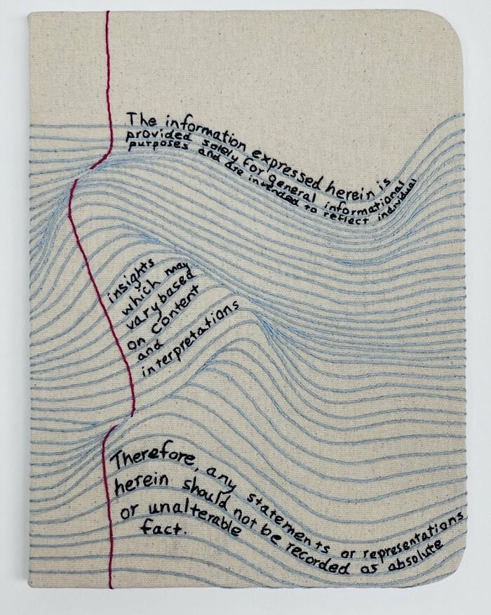 Fabric embroidered to resemble a notebook page with text, showcasing detailed book-inspired artistry.