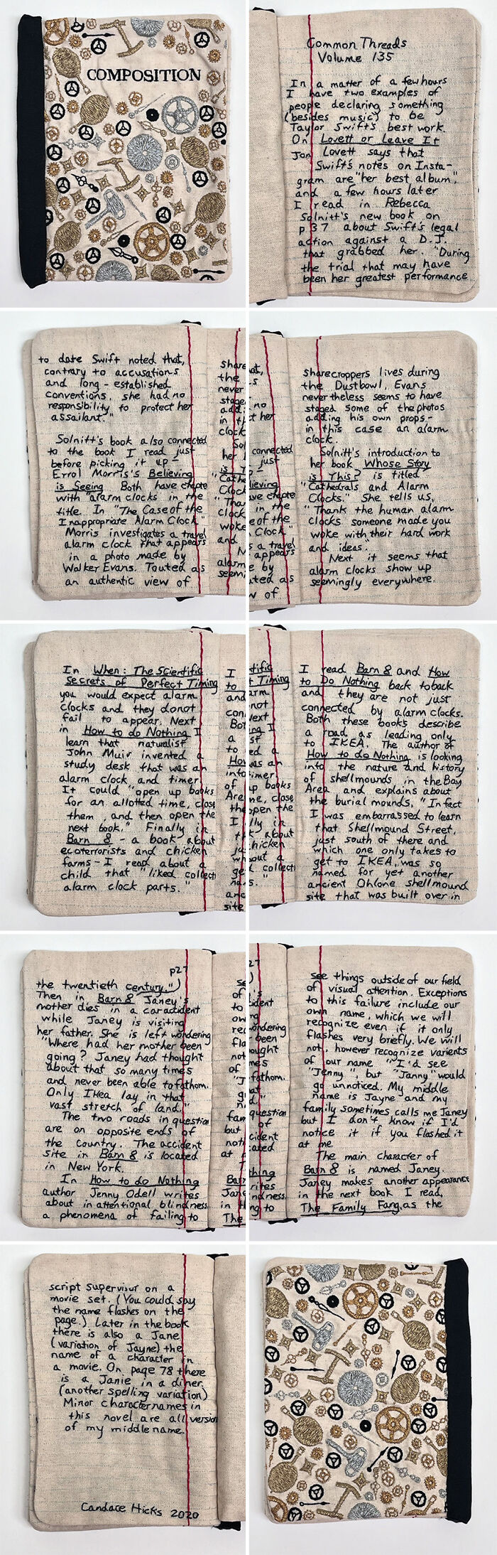 Fabric expertly embroidered to resemble notebook pages and books, showcasing intricate stitched text and patterns.