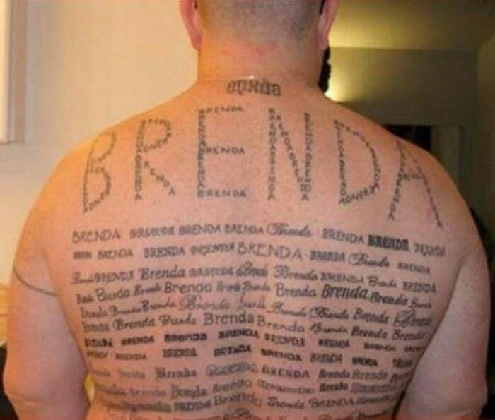 Back covered with numerous "Brenda" tattoos showcases hilariously bad body art.