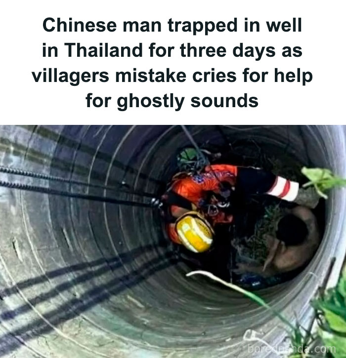 Rescue worker aids a man trapped in a well, illustrating bizarre incidents and misunderstandings from fake call centers.