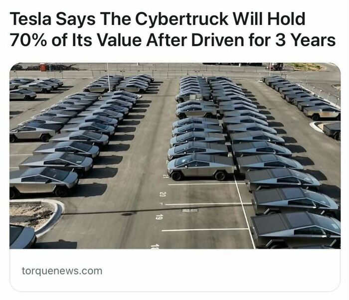 A parking lot filled with Cybertrucks showcasing Tesla's claim on value retention after three years.