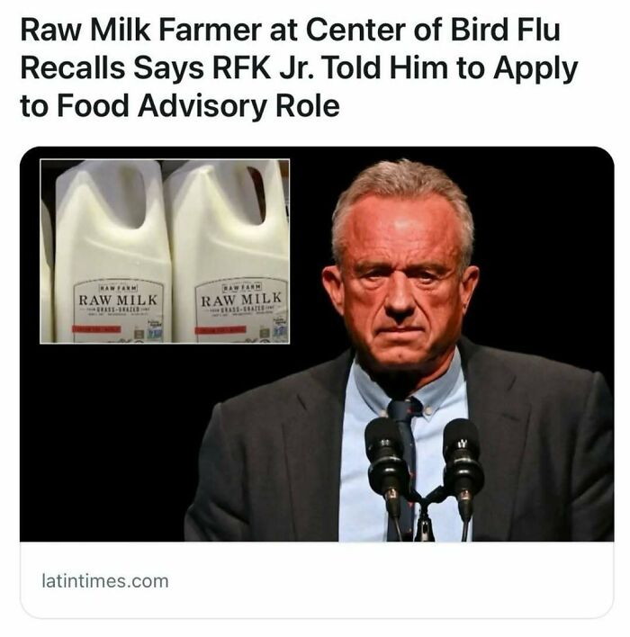Man in a suit speaks at a podium; inset shows jugs of raw milk related to bird flu recalls.