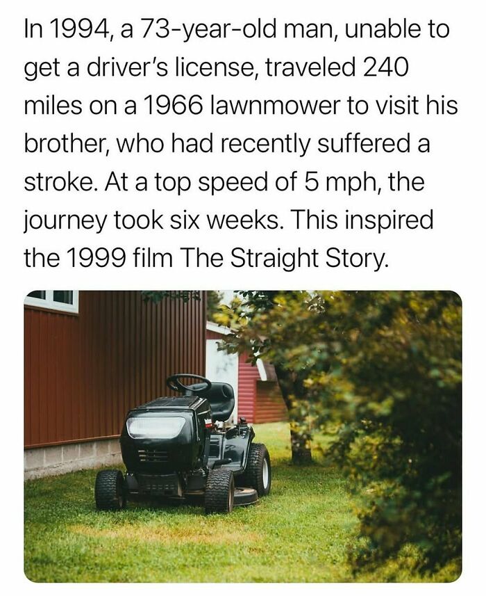 Lawnmower parked outside, reminiscent of a unique journey, perfect for sharing interesting facts with family.