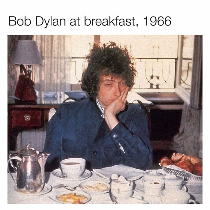 A person at breakfast in 1966, sitting at a table with various dishes, adding interest to Easter lunch discussions.