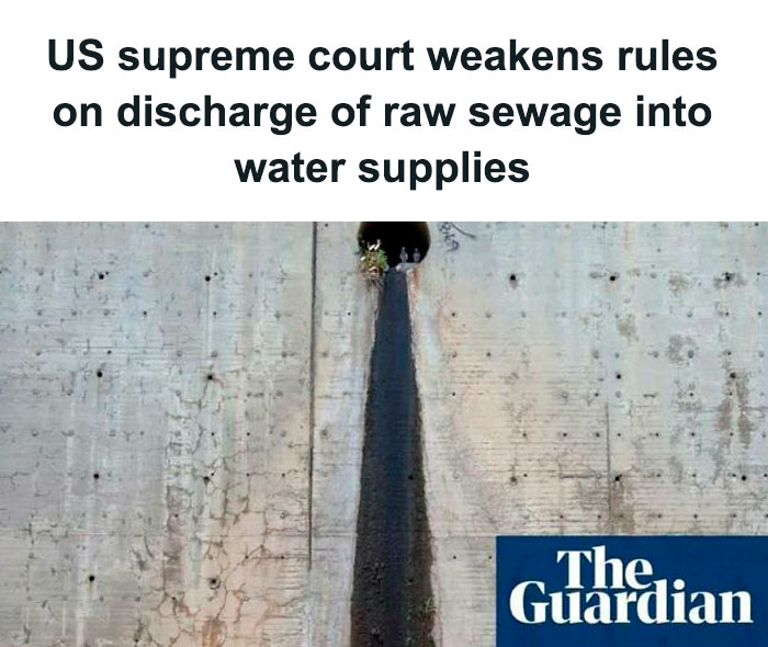 Concrete wall with sewage outlet, headline about US Supreme Court ruling on sewage discharge regulations, The Guardian logo.