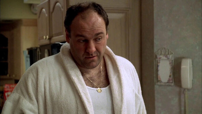 Person in a bathrobe standing in a kitchen, representing iconic TV series excellence.