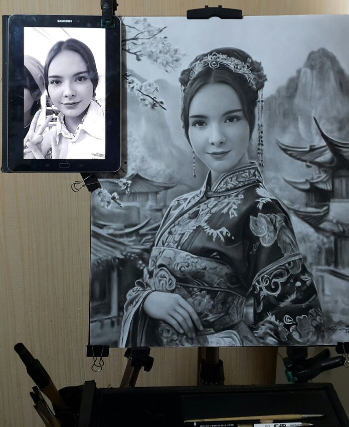 Hyper-realistic pencil portrait of a woman in traditional attire, shown alongside a reference photo on a tablet.