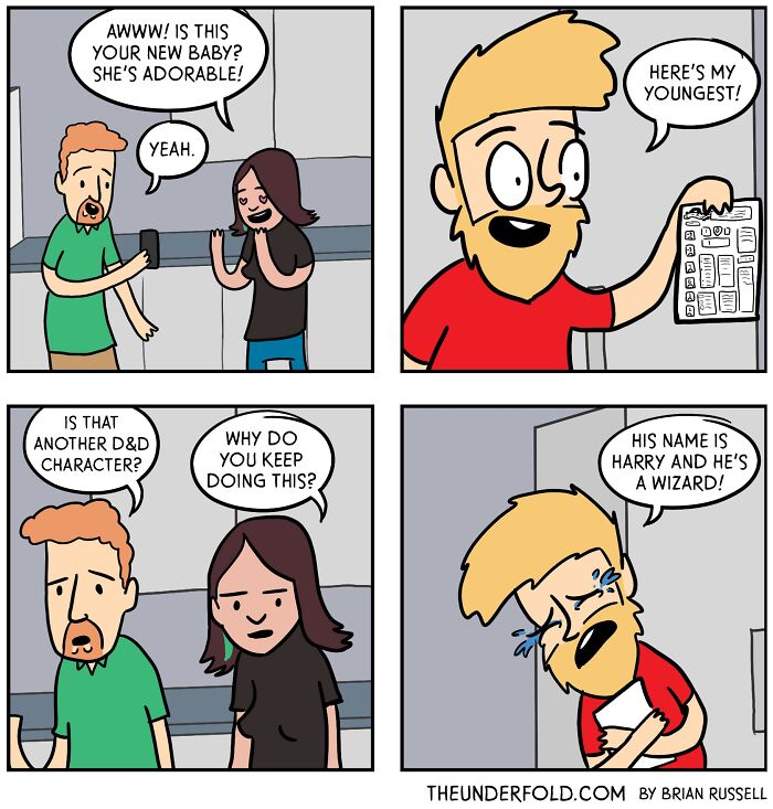 Comic strip of a person showing a drawing, humorously mistaking a character for a baby. Real-life inspired comics.