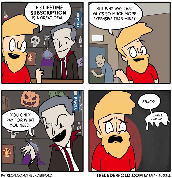 Real-life-inspired comic showing a skeptical man questioning the cost of a lifetime subscription deal.