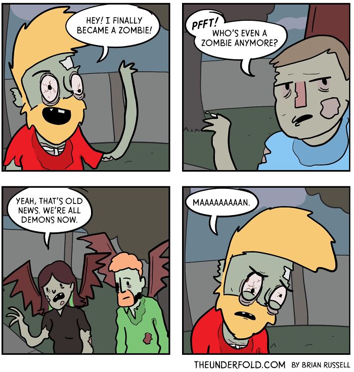 Real-life-inspired comic of a character realizing being a zombie is outdated, surrounded by modern demons.