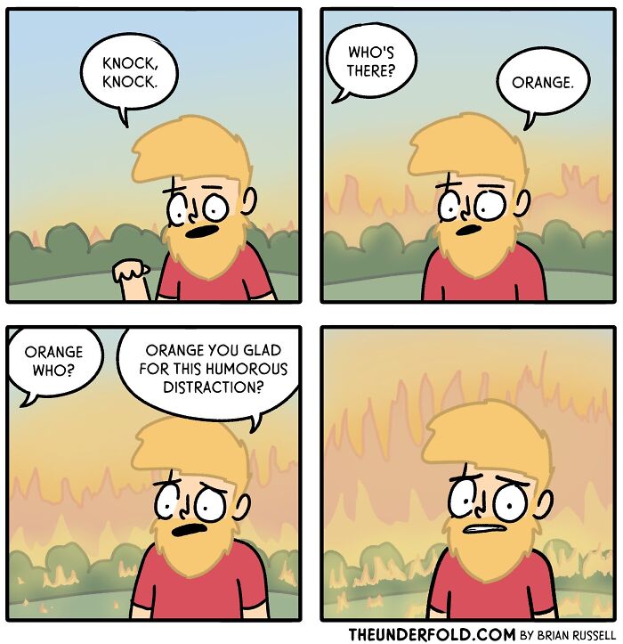 Comic featuring a blonde character in a red shirt, reacting humorously to a knock-knock joke about oranges.