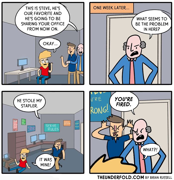Comic strip about office drama with a new favorite employee causing conflict. CEO fires worker over stapler dispute.