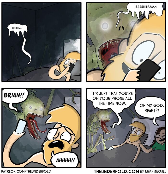 Real-life-inspired comic of a startled person in bed, phone in hand, with a green creature yelling beside him.