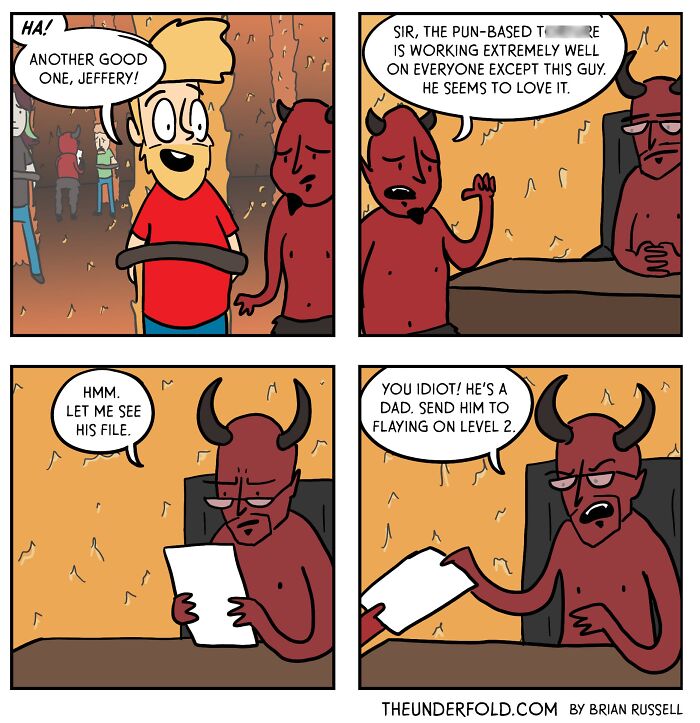 Cartoon depicting a character enjoying puns in a humor-based scenario with devils, inspired by real life.