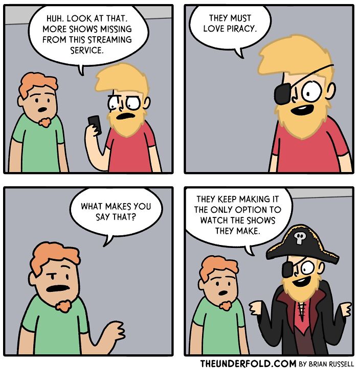 Comic about streaming services missing shows, featuring a pirate joke for humorous effect.