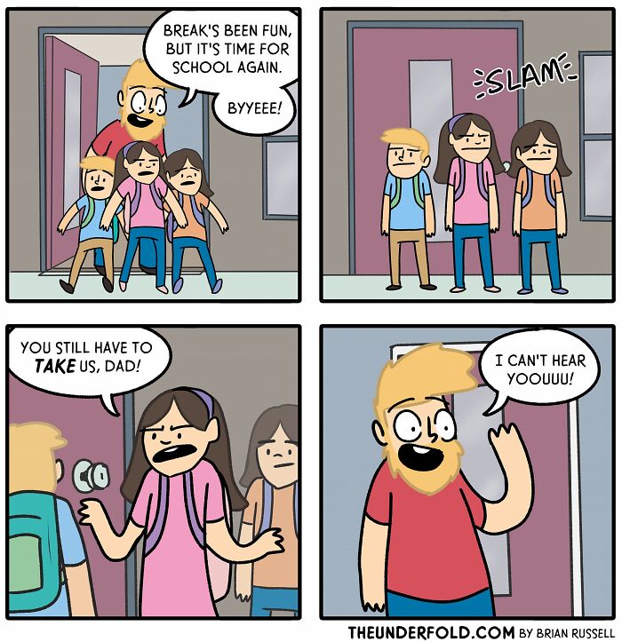 Dad humorously avoids taking kids to school; a real-life-inspired comic scene.