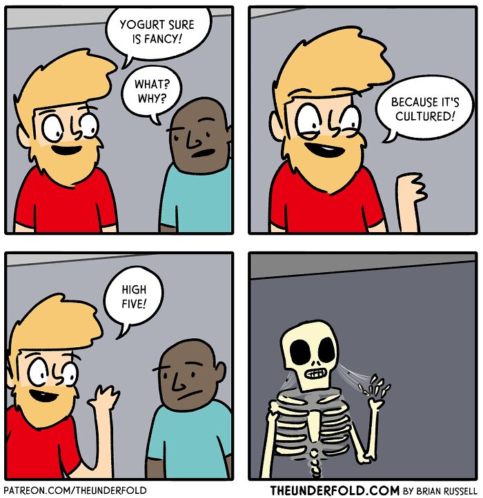 Two characters in a real-life-inspired comic, one joking about yogurt being "cultured" and offering a high five.