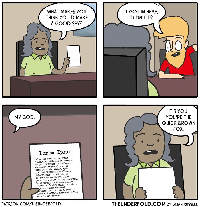 Real-life-inspired comic about a spy interview, featuring a humorous twist involving the quick brown fox.