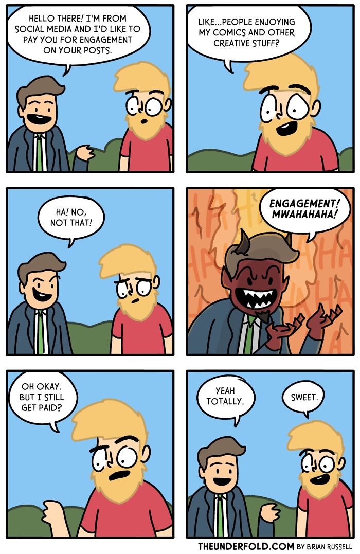Comic strip about an artist's reaction to social media engagement offers.