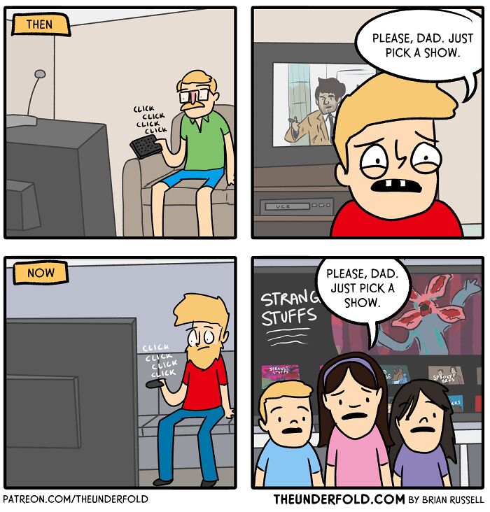 Real-life-inspired comic showing kids asking dad to pick a show, highlighting TV habits then and now.