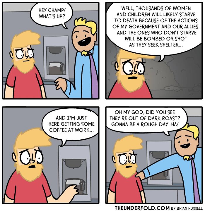 Comic strip about real-life events showing a serious world issue contrasted with a coffee shortage at work.