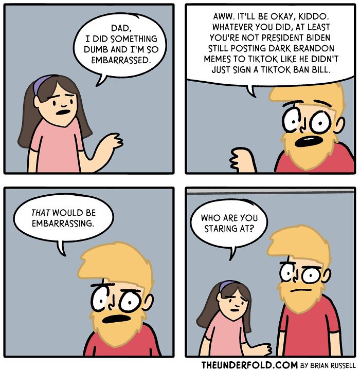 Comic by artist about real-life situations featuring a humorous father-daughter conversation on embarrassment.
