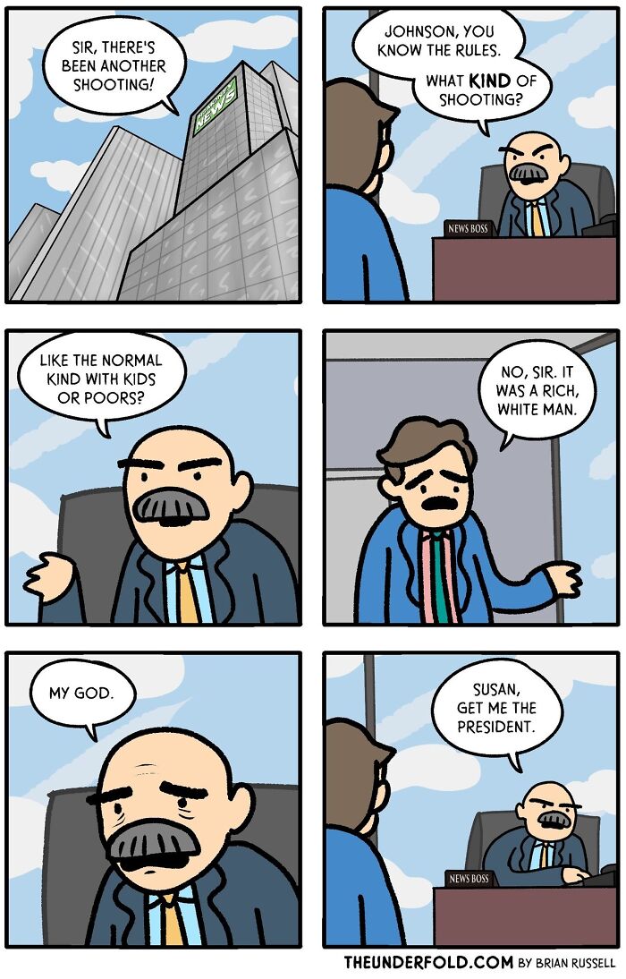 Comic by Brian Russell depicting a news boss reacting to a shooting report.