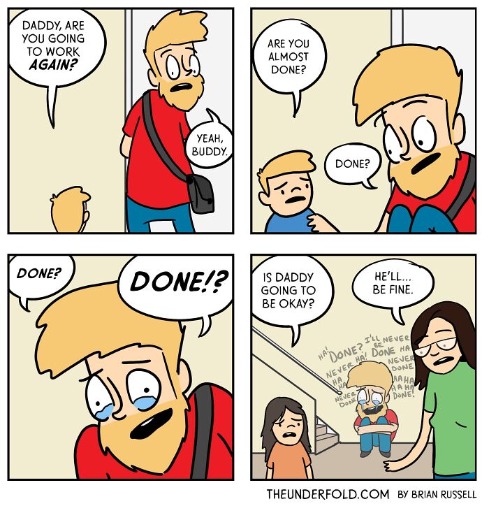 Comic of a father overwhelmed by work and family demands, showcasing relatable real-life situations.