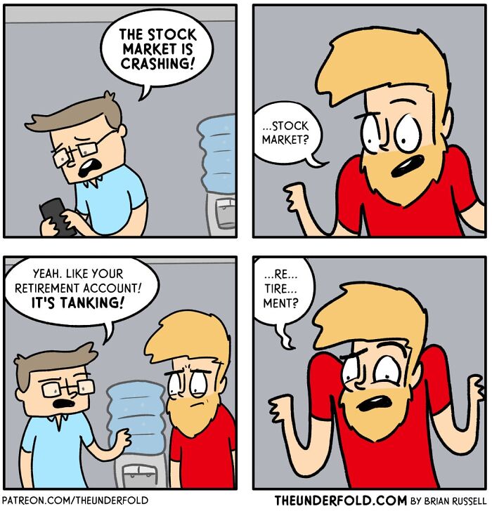 Comic strip about a stock market crash and retirement confusion, inspired by real-life scenarios.