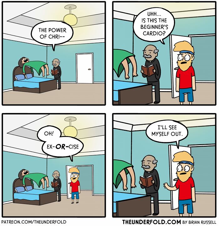 Comic by artist depicting a humorous scenario with a priest, a demon, and a confused man discussing exercise.