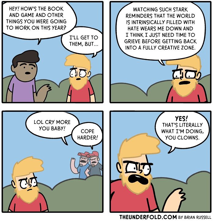 Real-life-inspired comic about creative struggles, featuring two characters discussing stress and coping mechanisms.