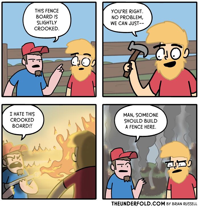 Comic about a crooked fence board and a humorous reaction to fixing it, from a series of real-life-inspired comics.