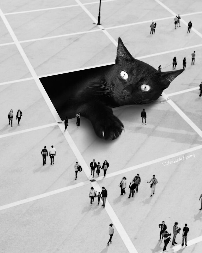 Giant black cat peering from a square in a crowded plaza, surprising pedestrians below. Art evokes cats ruling the world.