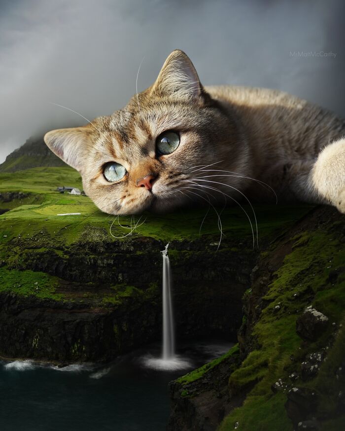 Giant cat resting on a lush green landscape with a waterfall, creating an adorably unsettling art scene.