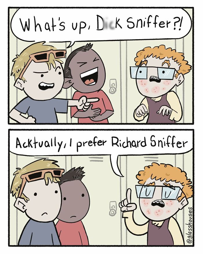 Comic strip with a clever twist featuring characters interacting humorously in a school hallway.