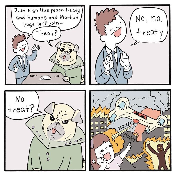 Comic strip with dark humor, showcasing a failed treaty negotiation between a man and a Martian pug.