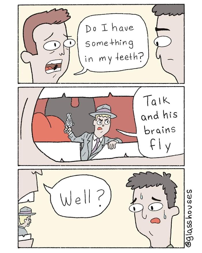 Comic strip with dark humor twist; a man checks teeth while mobsters watch with concern.