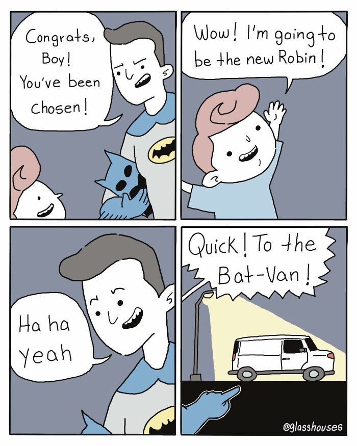 Comic strip by Glasshouses with dark humor, a child excited about being Robin, and ending with a twist featuring a Bat-Van.