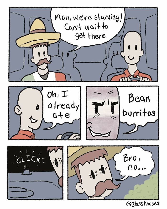 Two cartoon characters in a car, one mentions eating bean burritos. The driver looks worried. Dark humor from Glasshouses Comics.