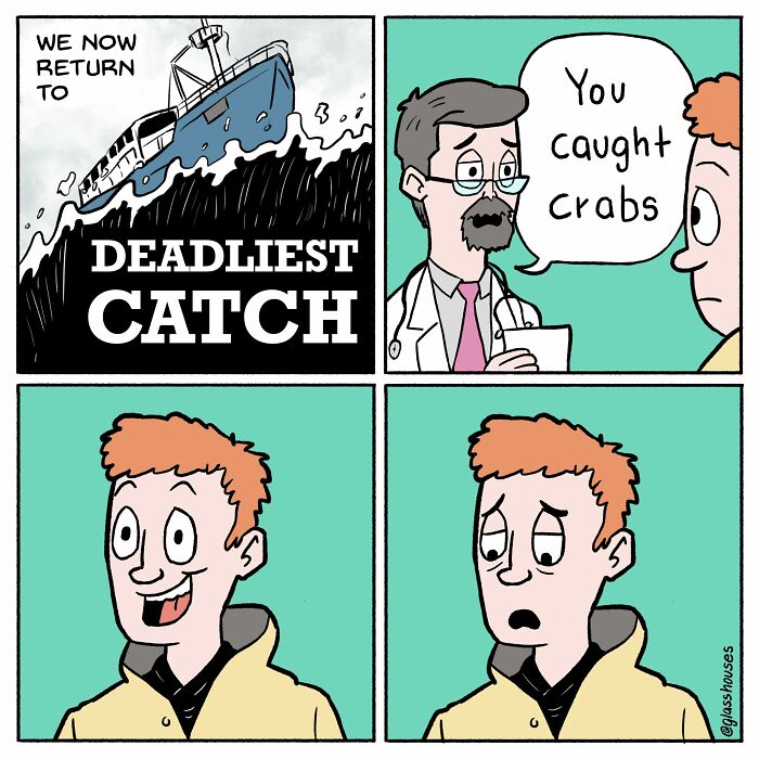 Comic strip with a dark humor twist from Glasshouses Comics: a doctor and fisherman in a funny conversation about catching crabs.