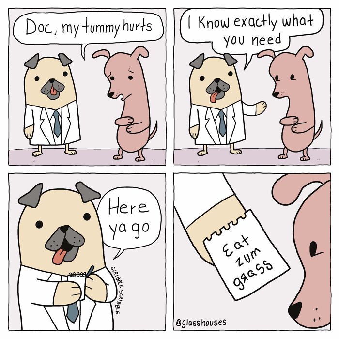 Dog in lab coat humorously prescribes grass to another dog with tummy issues. Clever comic by Glasshouses.
