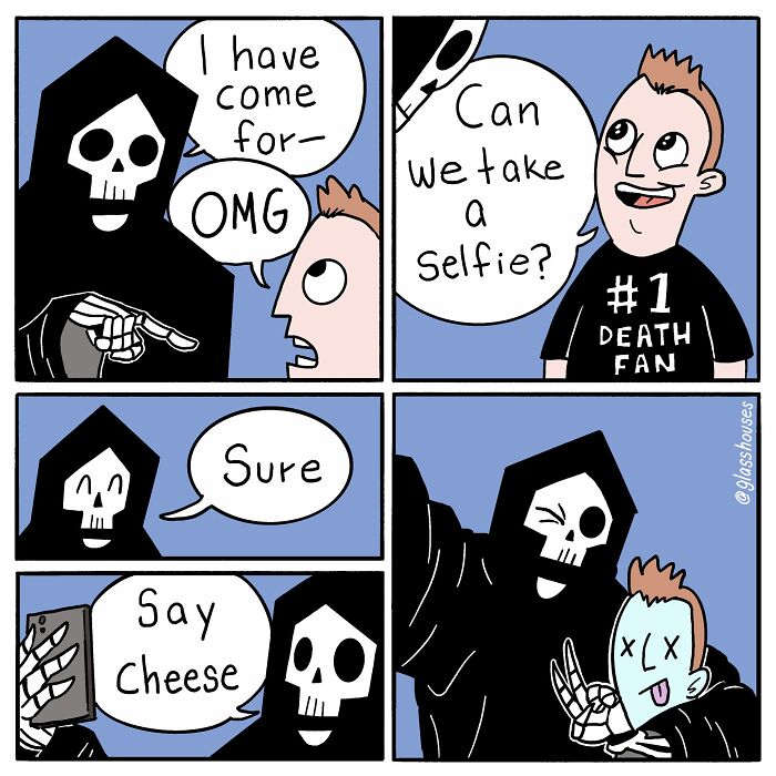 Comic strip with dark humor showing the Grim Reaper taking a selfie with a fan, captioned "Say Cheese."