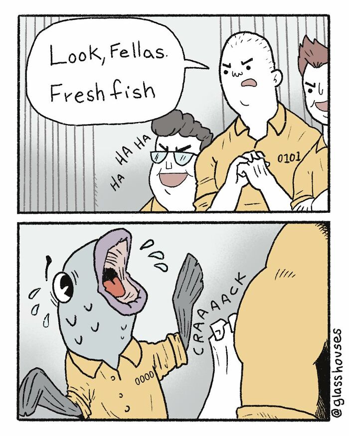Comic with dark humor twist: Inmates mock a new prisoner, revealed as a fish with human body reacting humorously.
