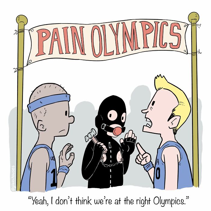 Comic scene with two athletes confused at "Pain Olympics" entrance; dark humor and clever twist by Glasshouses Comics.