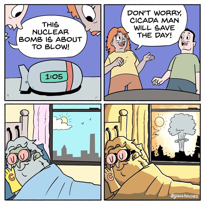 Clever comic with a b**b countdown and Cicada Man napping through an explosion outside the window.