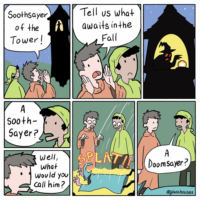 Comic panel from Glasshouses with characters discussing a soothsayer prediction, leading to clever twist and humor.
